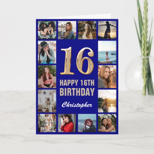 16th Happy Birthday Navy Blue  Gold Photo Collage Card