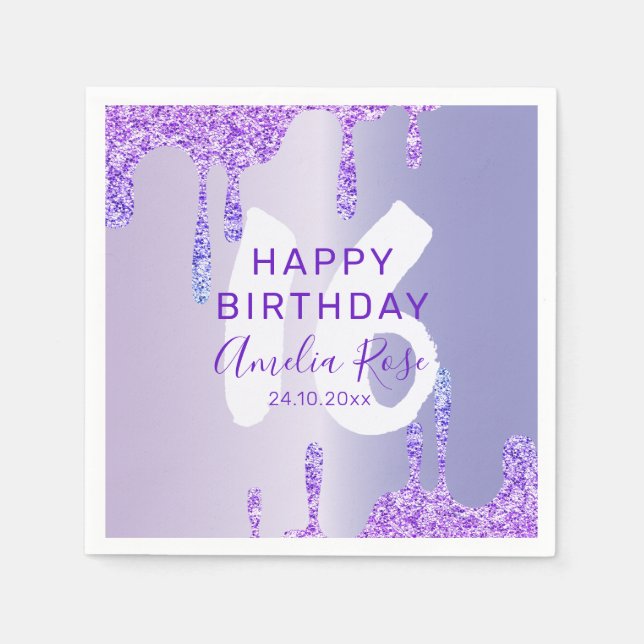 16th Happy Birthday Purple Metallic Napkins (Front)