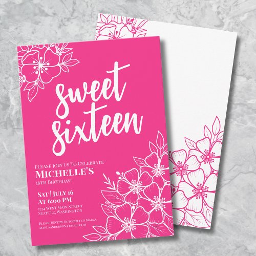 16th Hot Pink Floral Sweet Sixteen Birthday Party Invitation