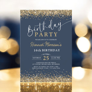 16th Navy Blue Gold Glitter Any Age Birthday Invitation