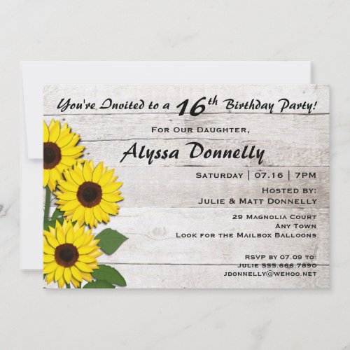 16th or Any Birthday Party Sunflower Invitations