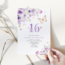 16th Purple Lilac Butterflies birthday Invitation