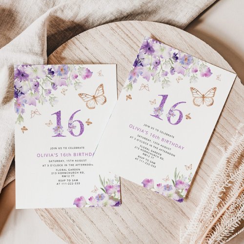 16th Purple Lilac Butterflies birthday Invitation