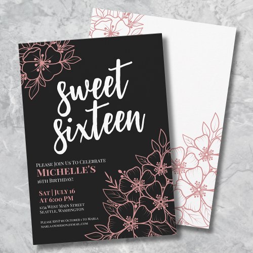 16th Rose Gold Floral Sweet Sixteen Birthday Party Invitation