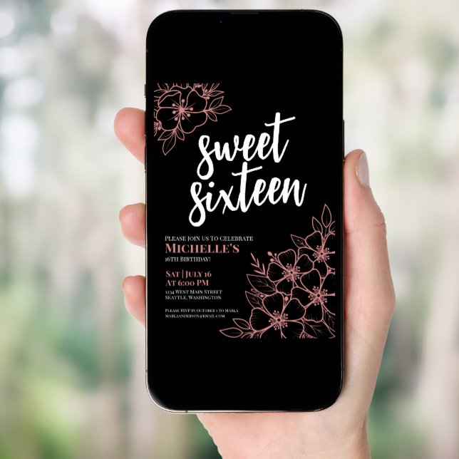 16th Rose Gold Floral Sweet Sixteen Birthday Party Invitation (Front Digital)