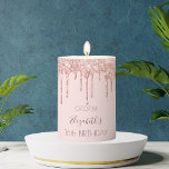 16th sixteen birthday party rose gold glitter 16 pillar candle<br><div class="desc">A candle for a girly and glamorous 16th birthday party. A light rose gold, pink background with elegant faux rose gold glitter drips, paint drip look. The text: The name is written in dark rose gold with a large modern hand lettered style script. Personalize and add a name, age 16...</div>