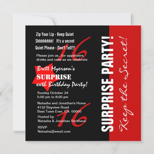 16th SURPRISE Birthday Black Red White A08 Star Invitation (Front)