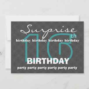 16th SURPRISE Birthday Modern Teal Charcoal W481 Invitation