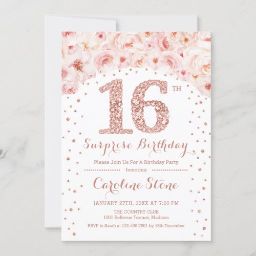16th Surprise Birthday Party _ White Rose Gold Invitation