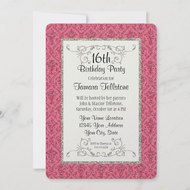 16th Sweet sixteen Birthday Gold Glitter Damask Invitation (Front)