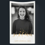 16th Sweet Sixteen Birthday Photo Gold Confetti Banner<br><div class="desc">Perfect for a sweet sixteen 16th birthday celebration - this birthday party banner features a large photo and gold confetti "sixteen" design. Customize with your birthday message. This banner looks best with a black and white photo - but you can use a color photo as well. If you need assistance...</div>