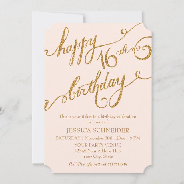16th Sweet Sixteen Sixteenth Birthday Party Ticket Invitation (Front)