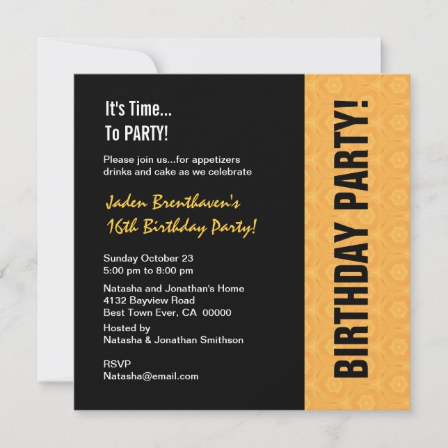 16th Teen Birthday Modern Gold and Black V841 Invitation (Front)