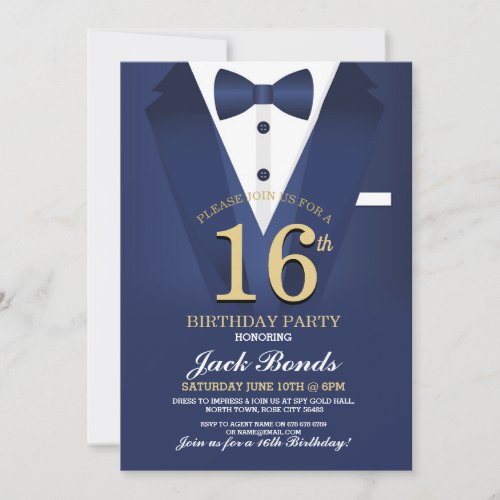 16th Tuxedo Black Tie Birthday Party Suit Navy Invitation