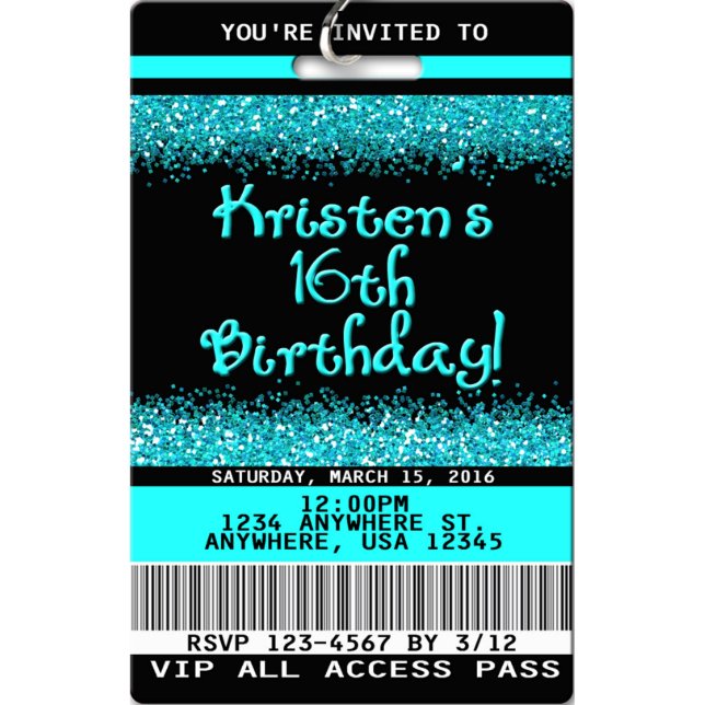 16th VIP Birthday Invitations w/Lanyard (Front)