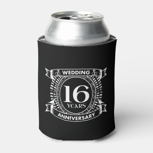 16TH wedding anniversary black and white Can Cooler