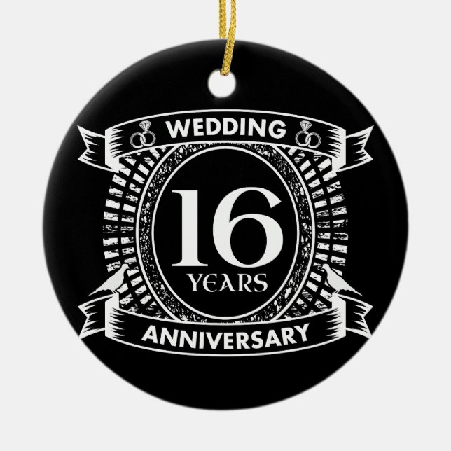 16TH wedding anniversary black and white Ceramic Ornament (Front)
