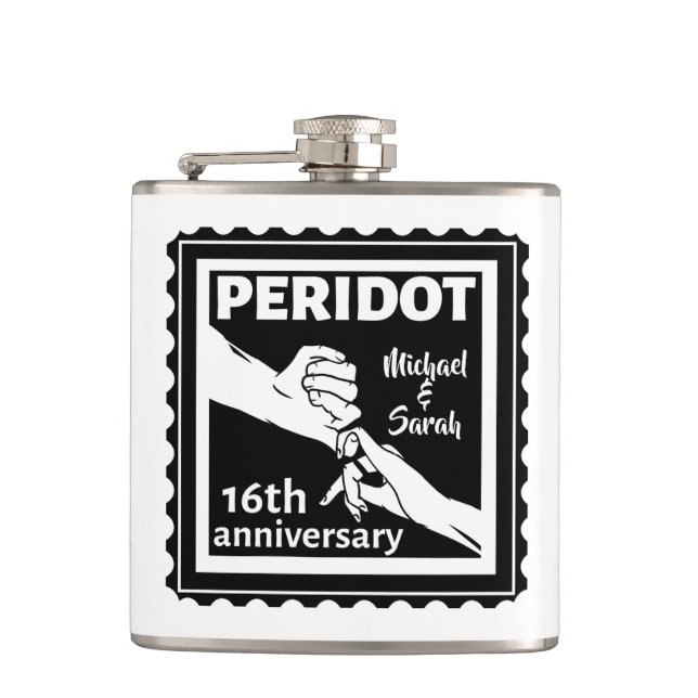 16th wedding anniversary black and white hands flask (Front)