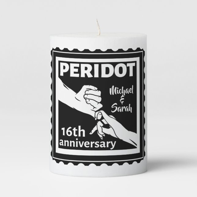 16th wedding anniversary black and white hands pillar candle (Front)