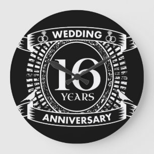 16TH wedding anniversary black and white Large Clock
