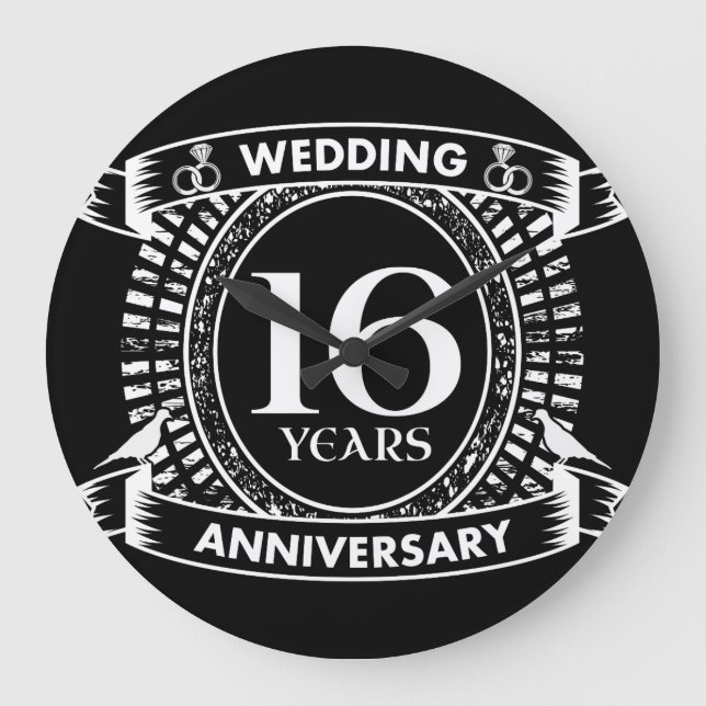 16TH wedding anniversary black and white Large Clock (Front)