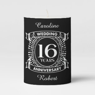 16TH wedding anniversary black and white Pillar Candle