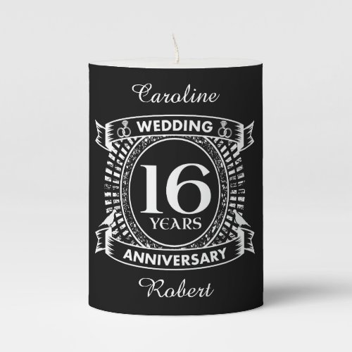 16TH wedding anniversary black and white Pillar Candle