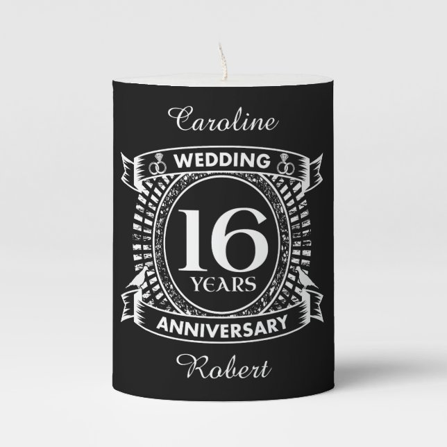 16TH wedding anniversary black and white Pillar Candle (Front)