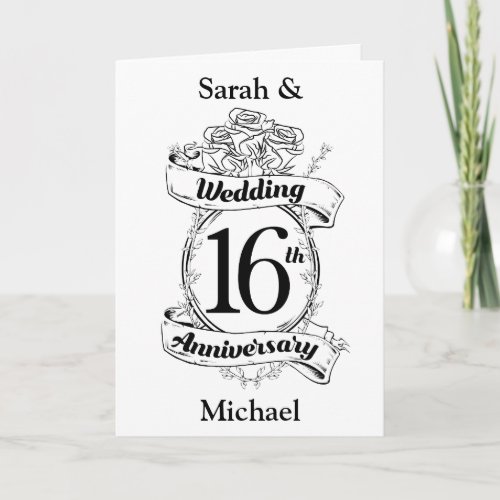 16th Wedding Anniversary Black and White Roses Card