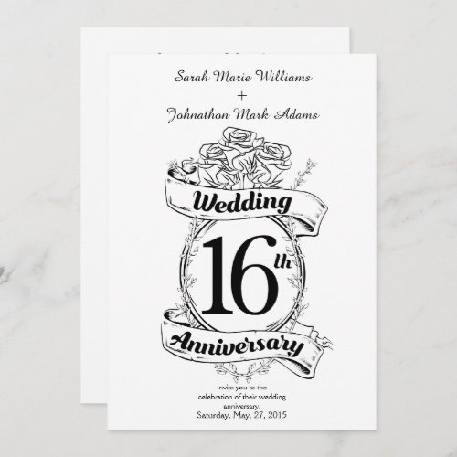 16th Wedding Anniversary Black and White Roses Invitation