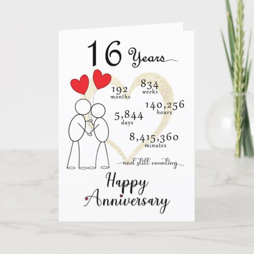 16th Wedding Anniversary Card with heart balloons