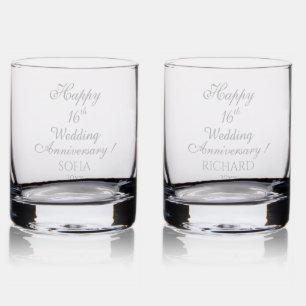 16th Wedding Anniversary Elegant Script Whiskey Rocks Glass