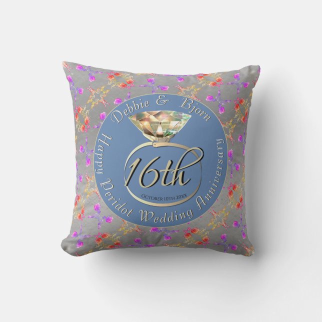 16th Wedding Anniversary Peridot & Sea Lavender  T Throw Pillow (Front)
