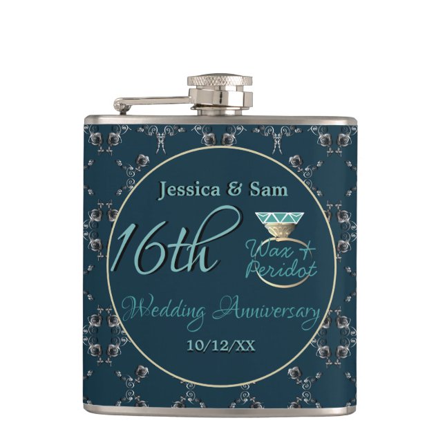 16th Wedding Anniversary Peridot Silvery Flask (Front)