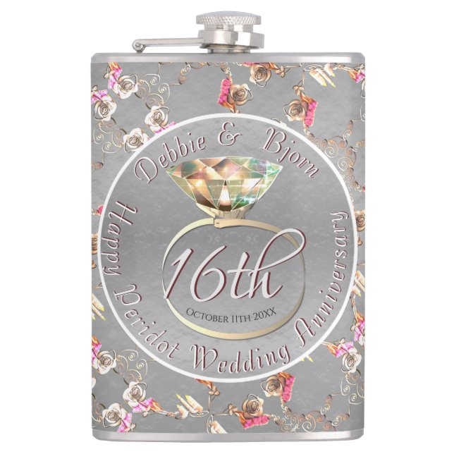 16th Wedding Anniversary Peridot, Wax, & Statice Flask (Front)