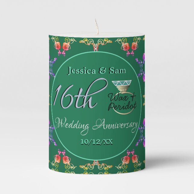 16th Wedding Anniversary Wax & Peridot Pillar Cand Candle (Front)