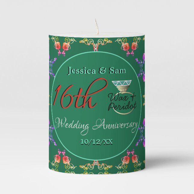 16th Wedding Anniversary Wax & Peridot Pillar Cand Pillar Candle (Front)