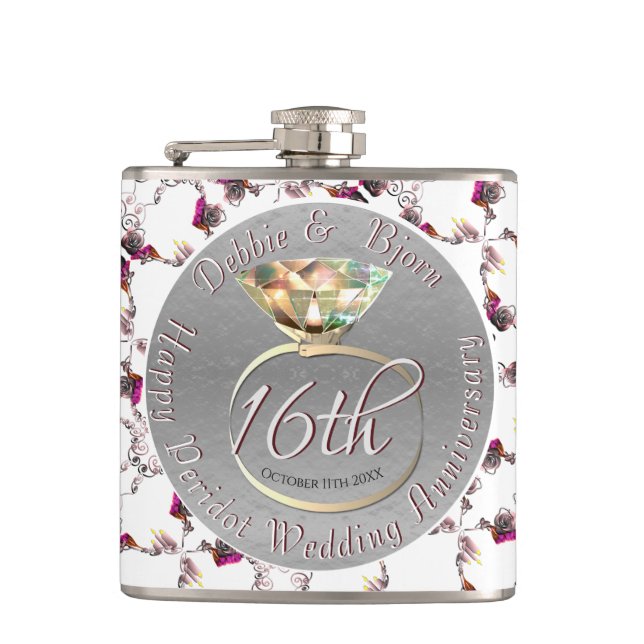 16th Wedding Anniversary Wax, Statice, & Peridot   Flask (Front)