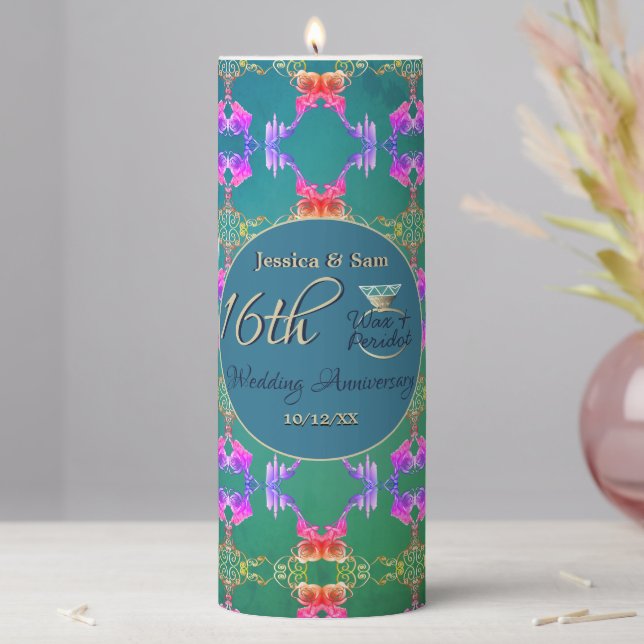 16th Wedding Anniversary Wax, Statice & Peridot  P Pillar Candle (In Situ)