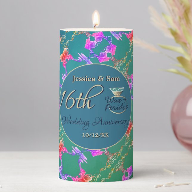 16th Wedding Anniversary Wax, Statice & Peridot  Pillar Candle (In Situ)