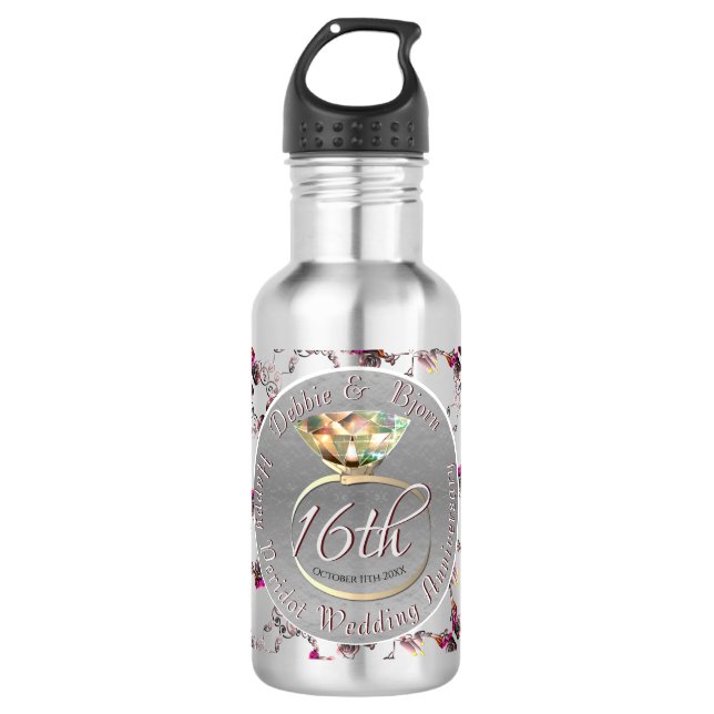16th Wedding Anniversary Wax, Statice, & Peridot  Stainless Steel Water Bottle (Front)