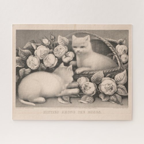 16x20 Kitties Among The Roses _ Currier  Ives Cat Jigsaw Puzzle