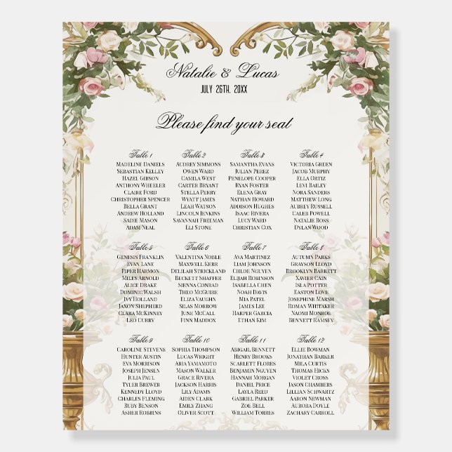 16x20 Wedding Seating Chart with Floral Arch  Foam Board (Front)