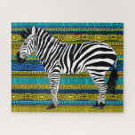 16x20 Zebra Puzzle for Colorblind People<br><div class="desc">Black and white zebra illustration on a background of African patterns in shades of blue, yellow and black.</div>