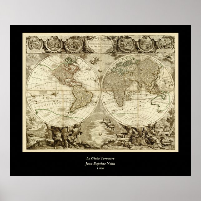 1708 World Map by Jean Baptiste Nolin Poster (Front)