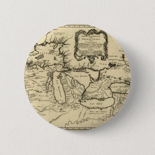 1755 Great Lakes and New France / Canada Map Pinback Button (Front)