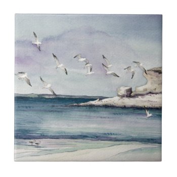 1774 Seagulls At Sandy Beach Tile by RuthGarrison at Zazzle