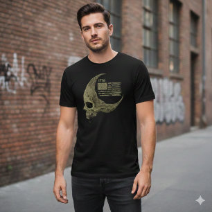 1776 American Flag Skull Crescent Moon T-Shirt