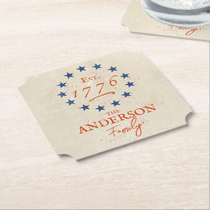 1776 American Stars and Family Name Paper Coaster