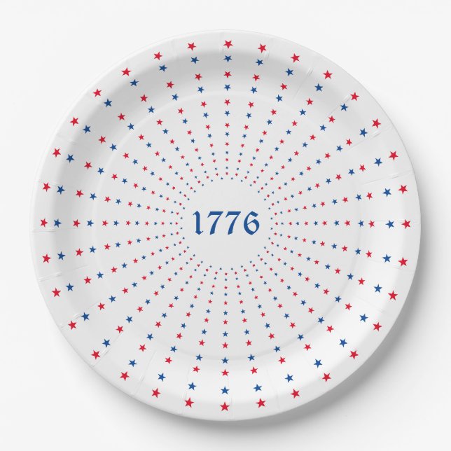 1776 red white blue stars fireworks patriotic paper plates (Front)